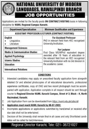 Jobs in National University of Modern Languages NUML – National University of Modern Languages Islamabad Jobs 2022 — original advertisement
