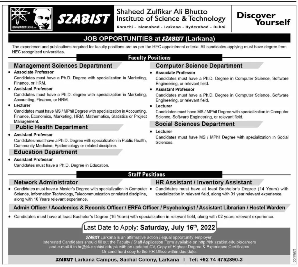Jobs in Shaheed Zulfikar Ali Bhutto Institute of Science – Shaheed Zulfiqar Ali Bhutto Institute of Technology Jobs 2022 — original advertisement