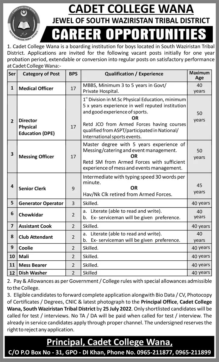 Jobs in Cadet College Wana Khyber Pakhtunkhwa Jobs 2022 — original advertisement