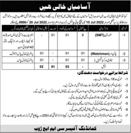 Jobs in Combined Military Hospital CMH Zhob Jobs 2022 — original advertisement