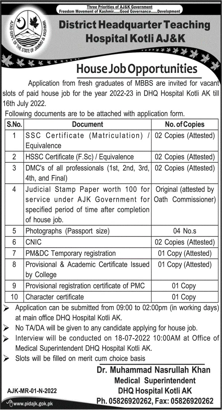 Jobs in District Headquarter Teaching Hospital Kotli – Tehsil Headquarter Hospital Jobs 2022 — original advertisement