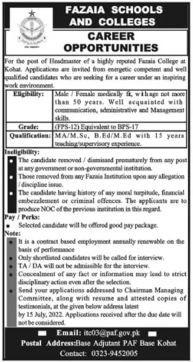 Jobs in Fazia School and Colleges Kohat Khyber Pakhtunkhwa – Fazaia Schools & Colleges Jobs 2022 — original advertisement
