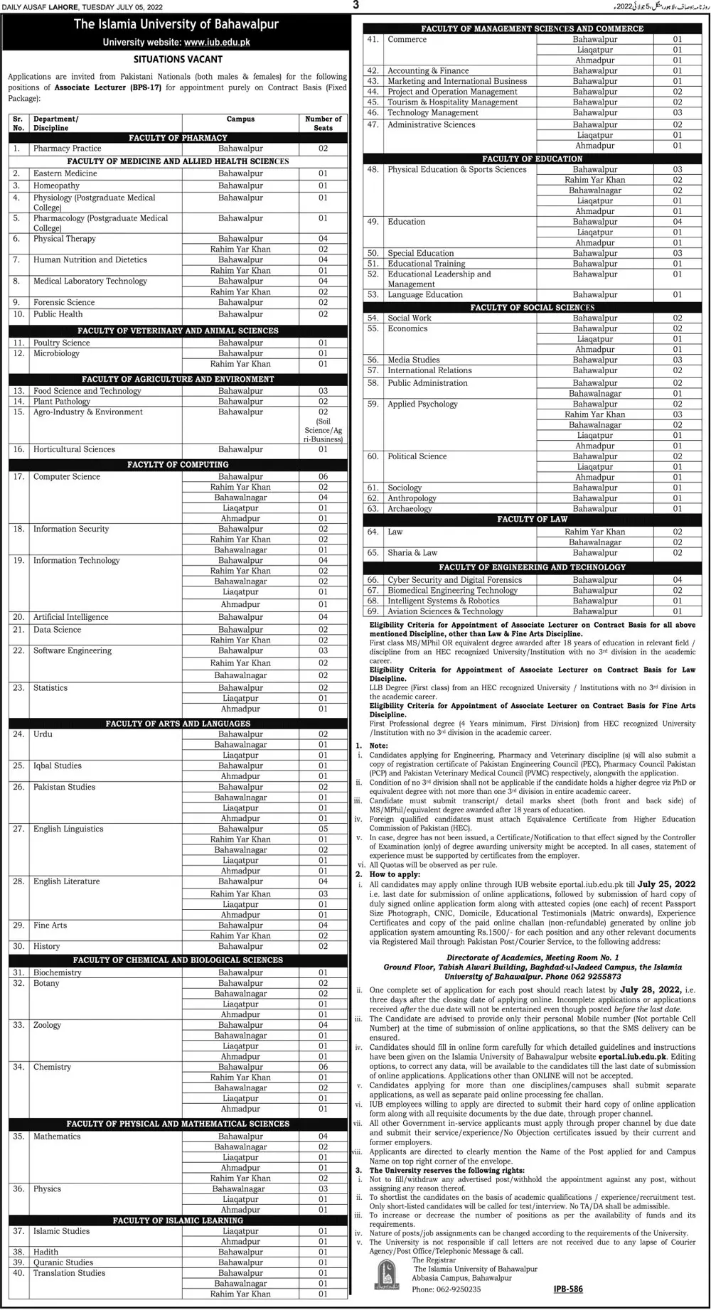 Jobs in The Islamia University of Bahawalpur – The Islamic University of Bahawalpur Jobs 2022 — original advertisement