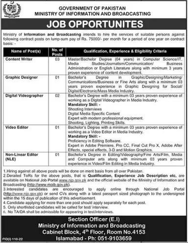 Jobs in Ministry of Information & Broadcasting – Ministry of Information & Broadcasting Pakistan Jobs 2022 — original advertisement