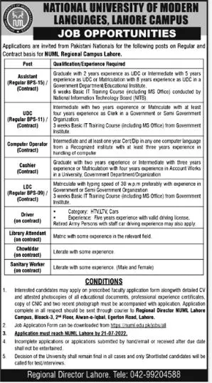 Jobs in National University of Modern Languages Lahore Campu – National University of Modern Languages Islamabad Jobs 2022 — original advertisement