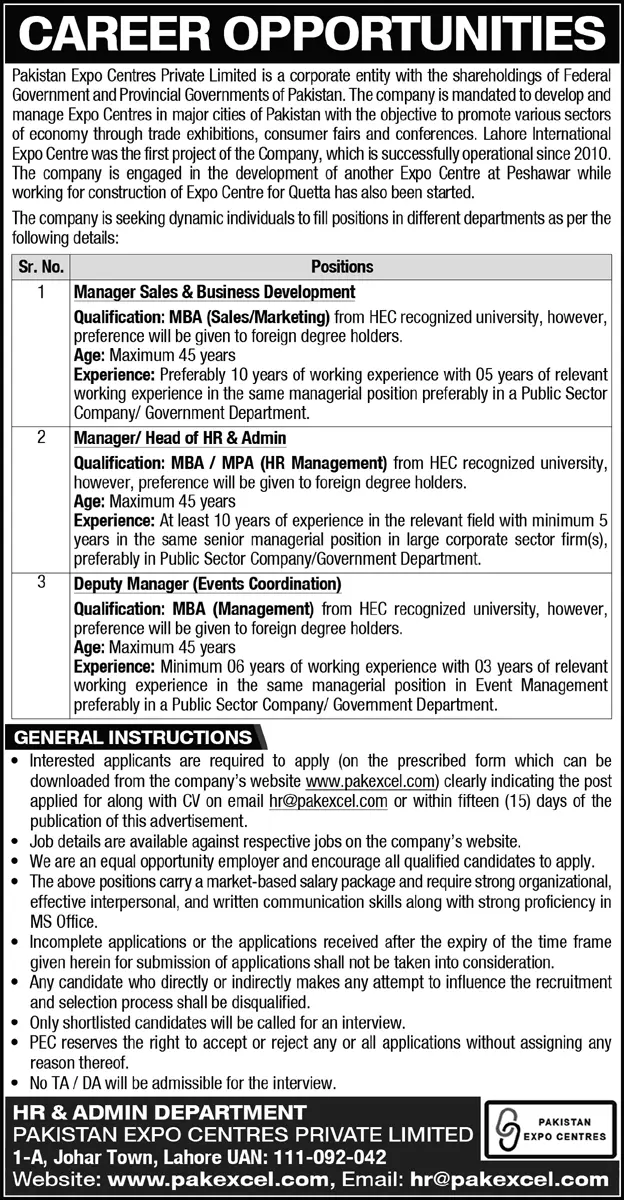 Jobs in Pakistan Expo Centres Pvt Ltd – Pakistan Expo Centres Private Limited Jobs 2022 — original advertisement