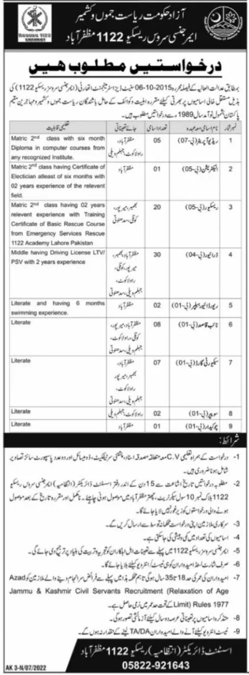 Jobs in AJK Emergency Service Rescue 1122 Muzaffarabad Jobs 2022 — original advertisement