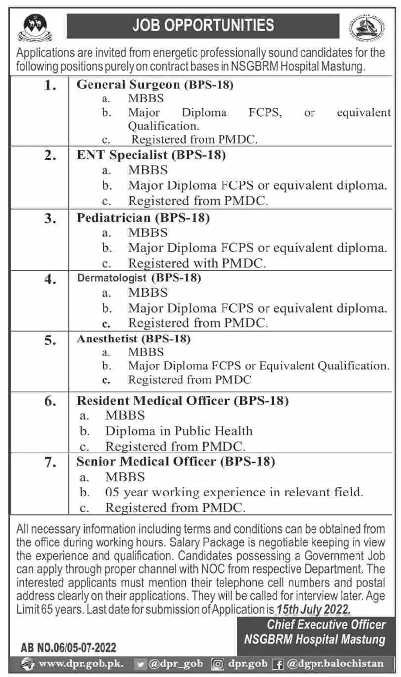 Jobs in Nsgbram Hospital Mastung Balochistan – NSGBRM Hospital Mastung Jobs 2022 — original advertisement