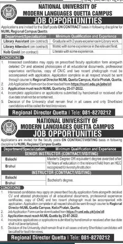National University of Modern Languages NUML Quetta jobs – National University of Modern Languages Islamabad Jobs 2022 — original advertisement