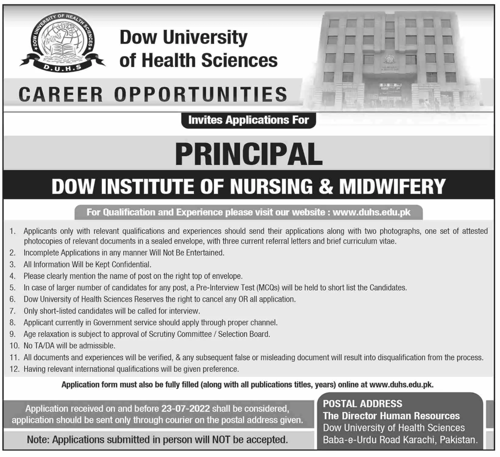 Jobs in Dow University of Health Science Karachi – Dow University of Health Sciences Karachi Jobs 2022 — original advertisement