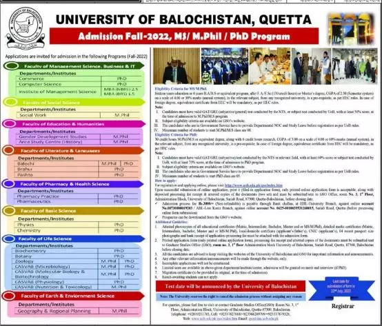 admission in University of baochistan – University of Balochistan Admissions 2022 — original advertisement
