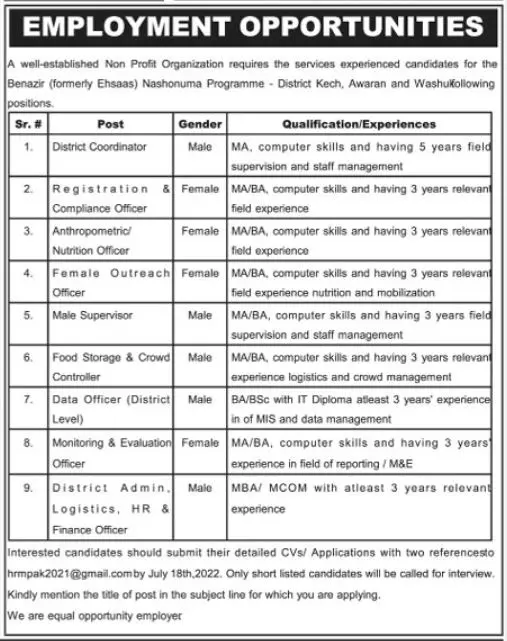 Jobs in Ehsaas Nashonuma Programme Balochistan 2022 – Prime Minister's Ehsaas Programme Jobs 2022 — original advertisement