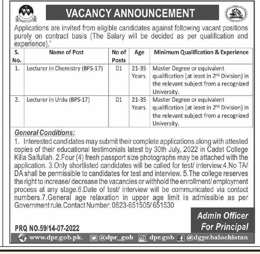 Jobs in Cadet College killa Saifullah 2022 – Cadet College Killasaifullah Balochsitan Jobs 2022 — original advertisement