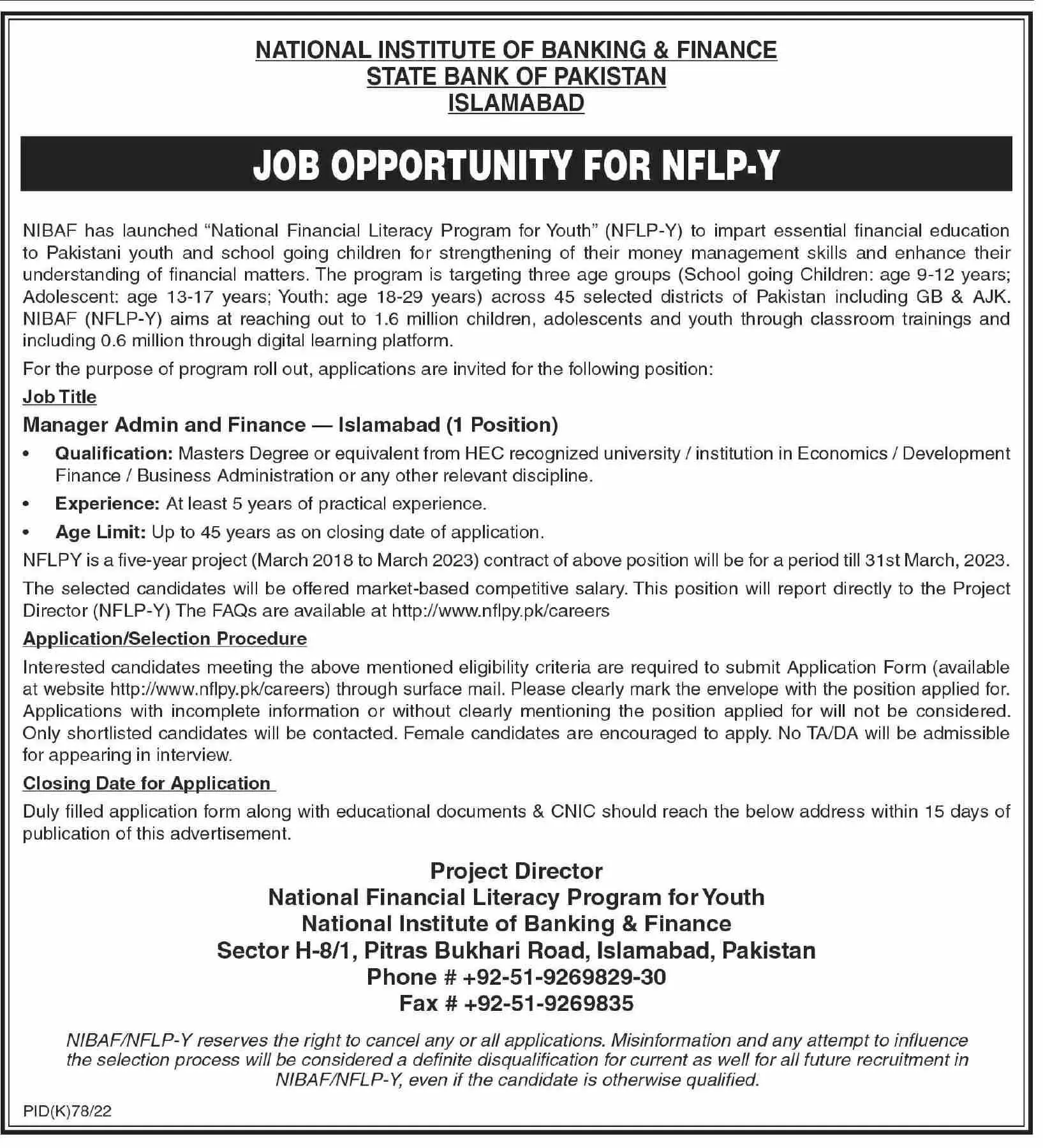 Jobs in National Institute Of Banking And Finance Islamabad – State Bank of Pakistan Jobs 2022 — original advertisement