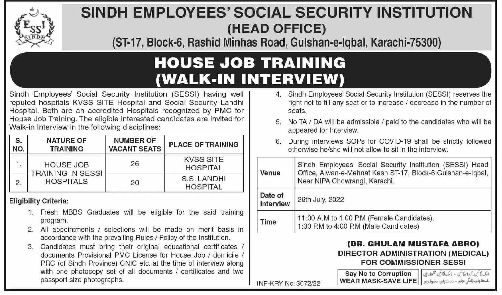 Jobs in Sindh Employees Social Security Institution Karachi – Sindh Employees Social Security Institution SESSI Karachi Jobs 2022 — original advertisement