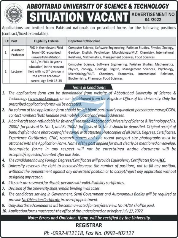 Jobs in Abbottabad University Of Science And Technology AUST Jobs 2022 — original advertisement