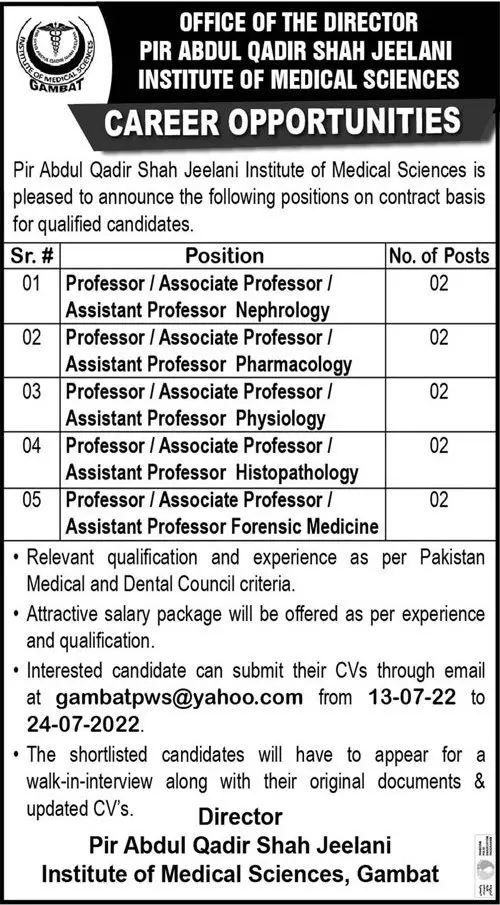 Jobs in Pir Abdul Qadir Institute of Medical Sciences – pir abdul qadir jilani institute of medical science Jobs 2022 — original advertisement