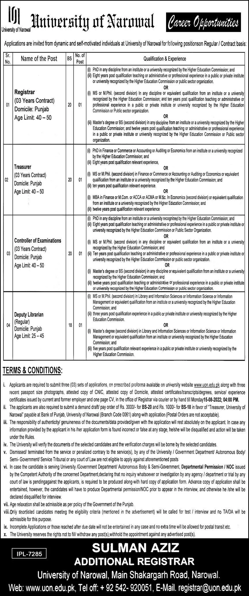 Jobs in University of Narowal Jobs 2022 — original advertisement