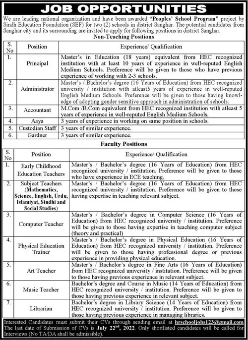 Jobs in Sindh Education Foundation Jobs 2022 — original advertisement