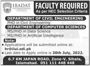 Jobs in IBADAT International University Islamabad Jobs 2022 — original advertisement