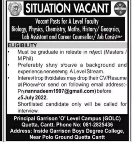 Jobs in Garrison O Level Campus Quetta Cantt 2022 – Pakistan Army Jobs 2022 — original advertisement