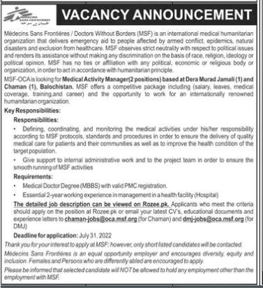 Jobs in Medicines Sans Frontiers MSF Balochistan 2022 Jobs 2022 — original advertisement