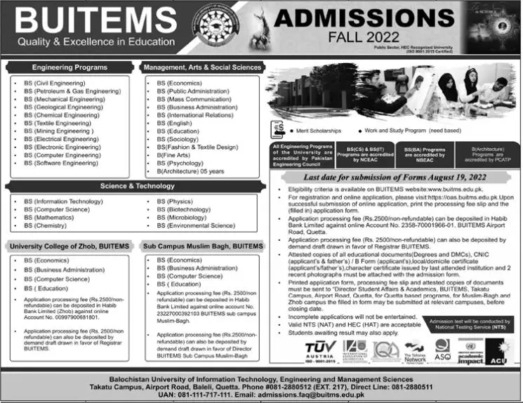 Admission in Balochistan University of Information Technolog – Balochistan University of Information Technology & Management Science Quetta Admissions 2022 — original advertisement
