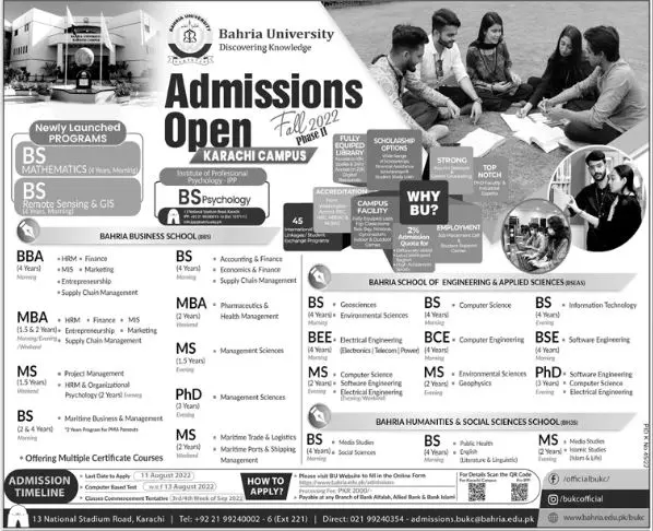 Admission in Bahria University Karachi Campus Admissions 2022 — original advertisement