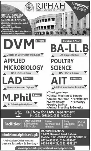 Admission in Riphah international University Admissions 2022 — original advertisement