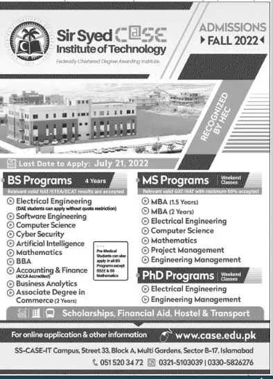 Admission in Sir Syed CASE Institute of Technology Admissions 2022 — original advertisement
