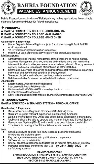 Jobs in Bahria Foundation Islamabad Jobs 2022 — original advertisement