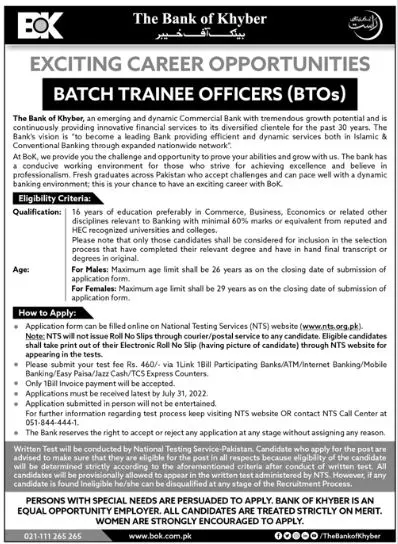 Jobs in Bank of Khyber Jobs 2022 — original advertisement