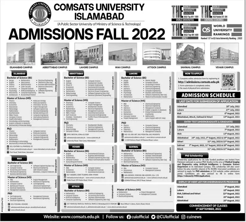 Admission in COMSATS University Islamabad Admissions 2022 — original advertisement