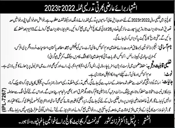Jobs in Government Graduate College for Women Lahore – Government College University Lahore Jobs 2022 — original advertisement