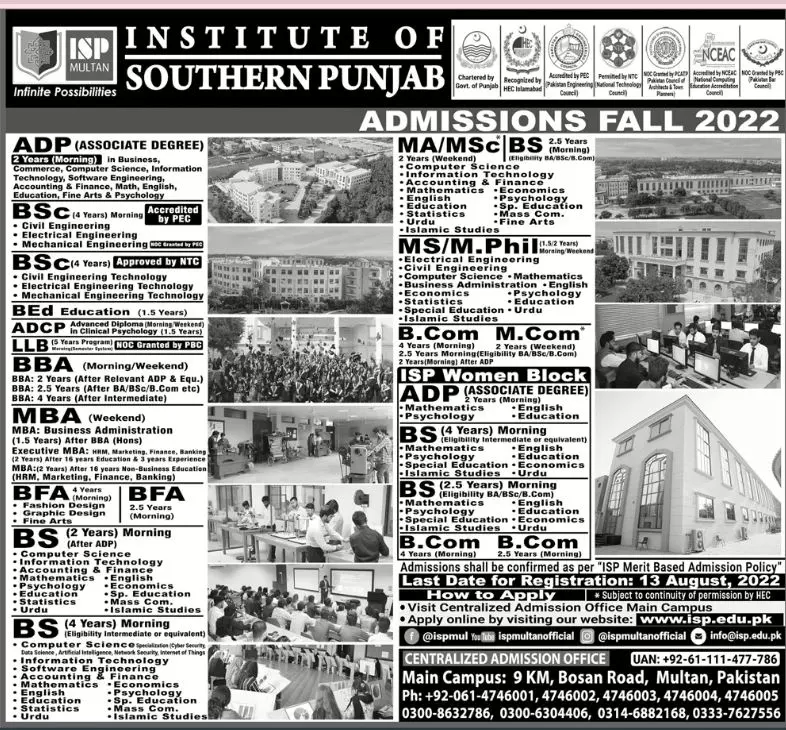 Admission in ISP-Institute of Southern Punjab – Institute of Southern Punjab Multan Admissions 2022 — original advertisement