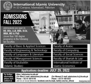 Admission in International Islamic University Islamabad Admissions 2022 — original advertisement