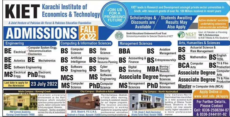 Admission in Karachi Institute of Economics and Technology – Karachi Institute of Economics and Technology KIET Admissions 2022 — original advertisement