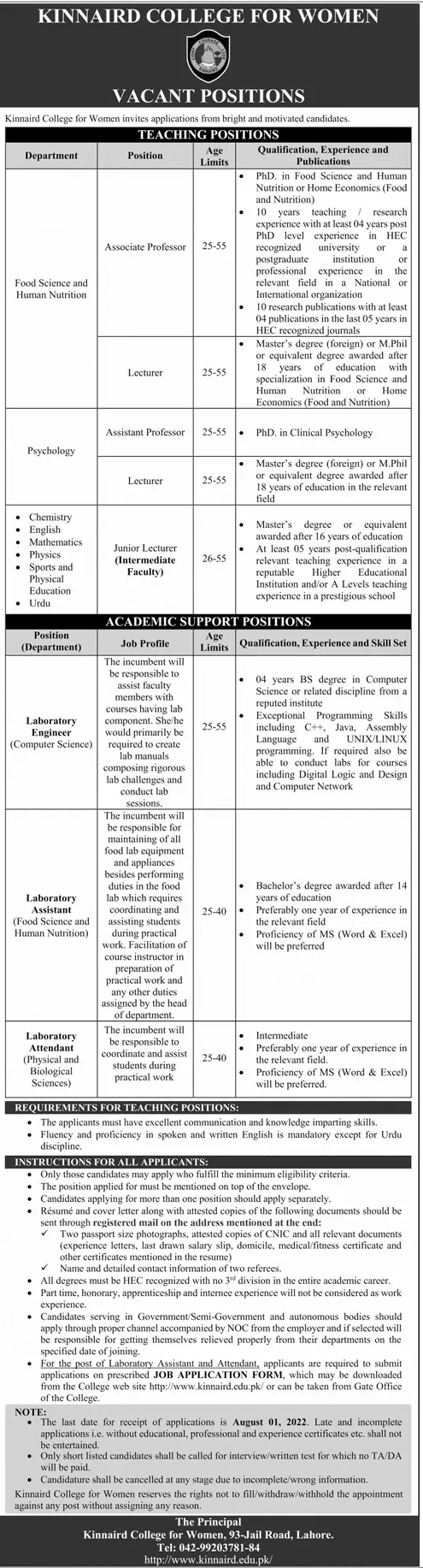 Jobs in Kinnaird College for Women (KCW) Lahore – Punjab Kinnaird College for Women Lahore Jobs 2022 — original advertisement