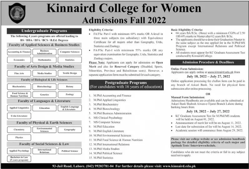 Admission in Kinnaird College for Women (KCW) Lahore – Punjab Kinnaird College for Women Lahore Admissions 2022 — original advertisement
