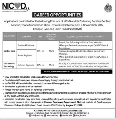 Jobs in National Institute of Cardiovascular Diseases (NICVD – National Institute of Cardiovascular Diseases (NICVD) Sindh Karachi Jobs 2022 — original advertisement