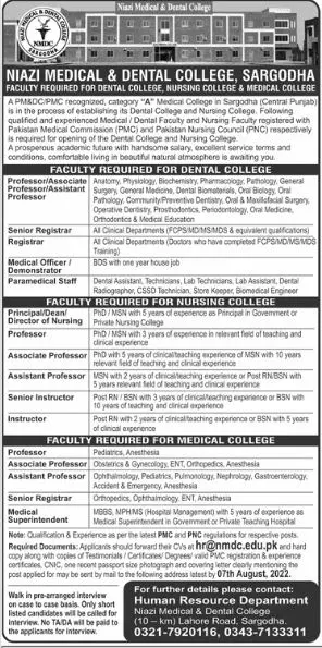 Jobs in Niazi Medical And Dental College Sorgodha – Niazi Medical and Dental College Sargodha Jobs 2022 — original advertisement