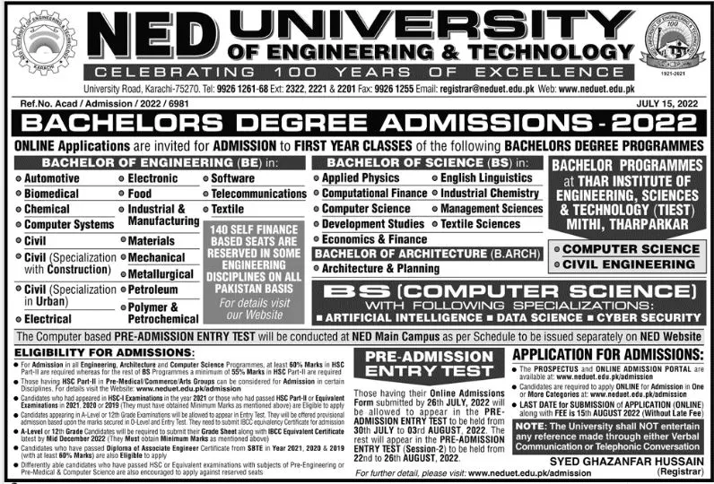 Admission in NED University of Engineering and Technology Admissions 2022 — original advertisement