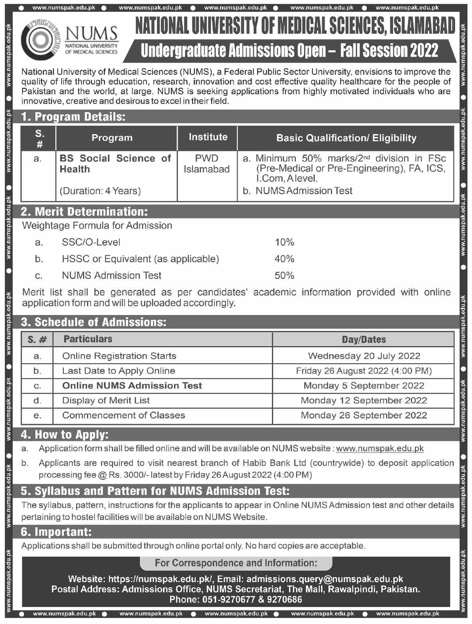 Admission in National University of Medical Sciences – National University of Medical Science NUMS Admissions 2022 — original advertisement