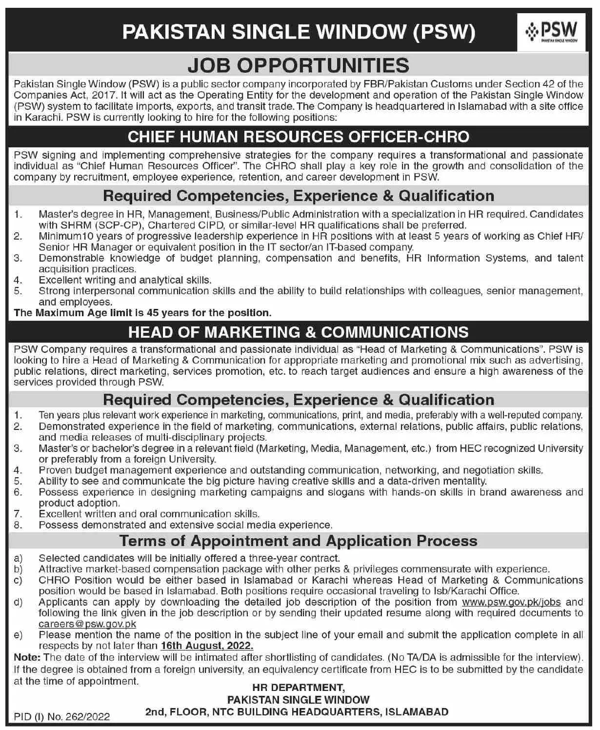 Jobs in Pakistan Single Window Psw Jobs 2022 — original advertisement