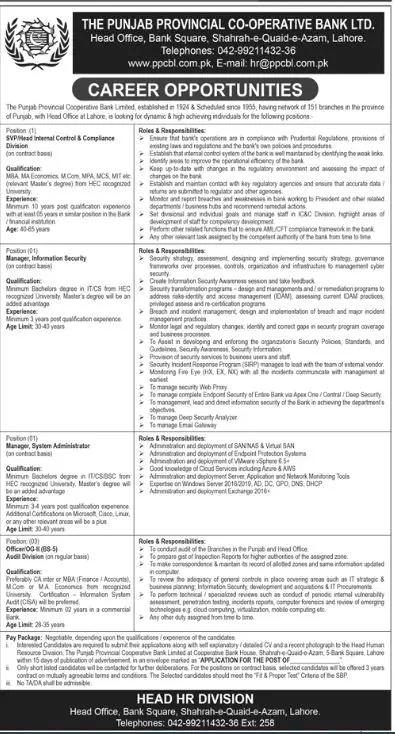 Jobs in The Punjab Provincial Cooperative Bank Ltd Jobs 2022 — original advertisement