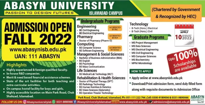 Admission in Abasyn University Islamabad Campus – Abasyn University Peshawar Admissions 2022 — original advertisement