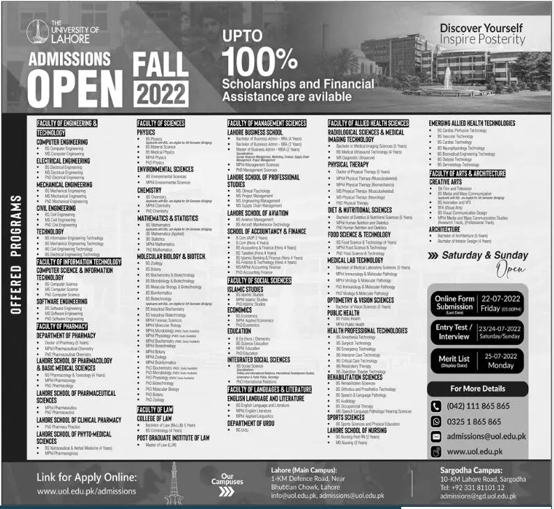 Admission in University of Lahore Admissions 2022 — original advertisement