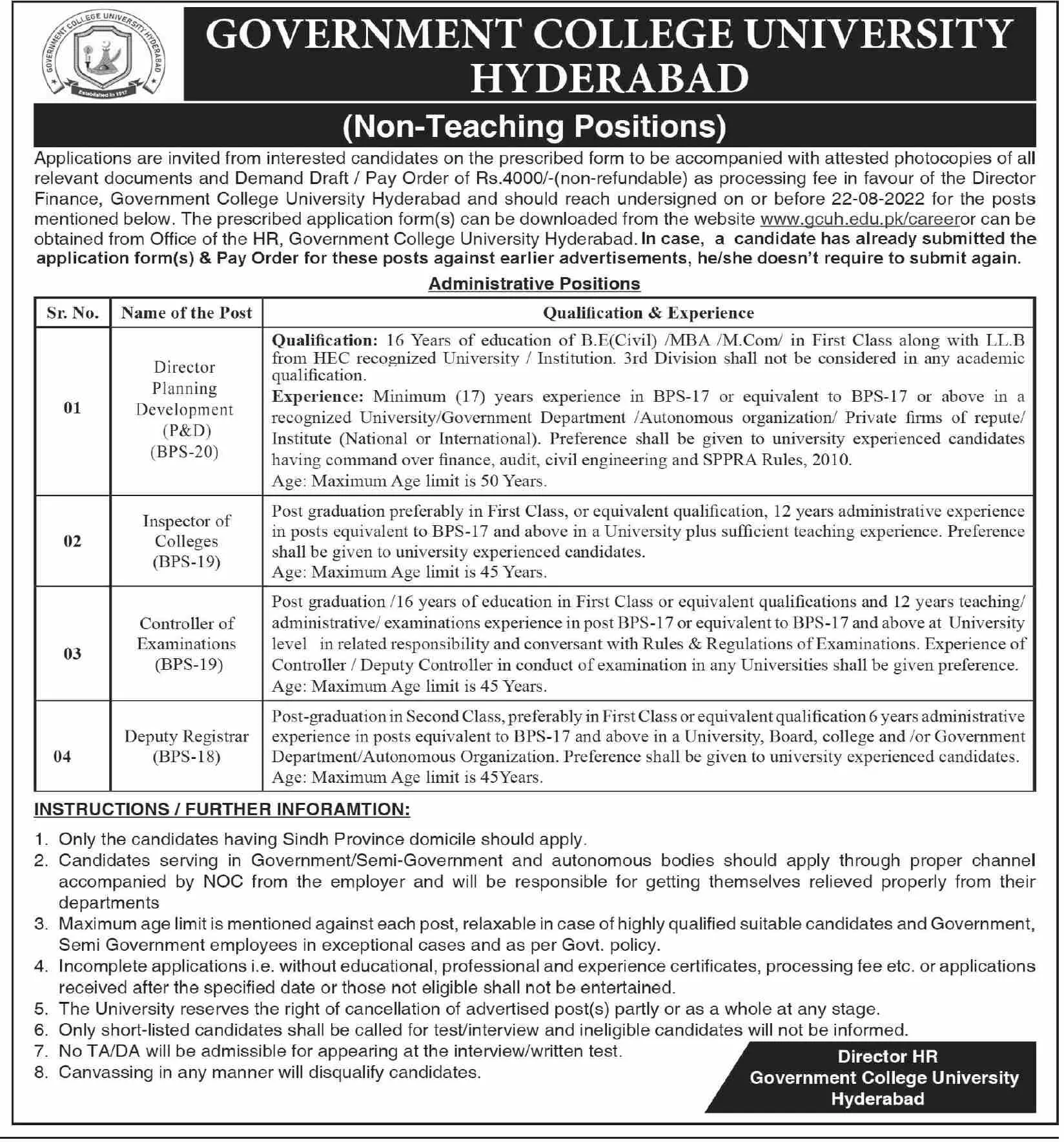 Jobs in Government College University Hyderabad Jobs 2022 — original advertisement