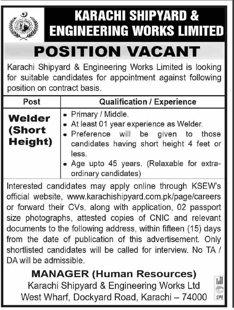 Jobs in Karachi Shipyard and Engineering Works Limited – Karachi Shipyard & Engineering Works Limited Jobs 2022 — original advertisement