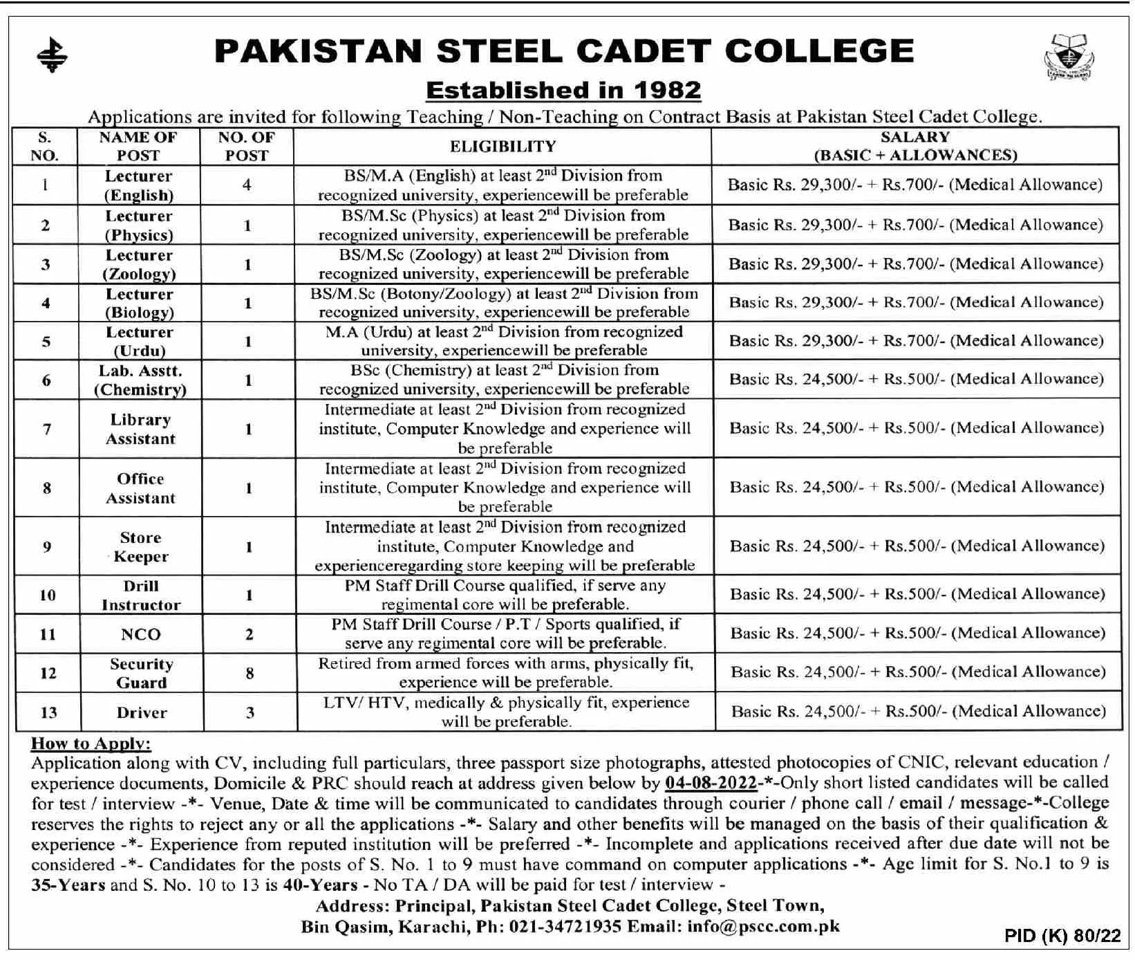 Jobs in Pakistan Steel Cadet College Karachi 2022 Jobs 2022 — original advertisement